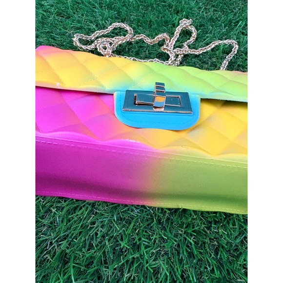 Alba Rainbow Ombre Quilted Jelly Crossbody Bag Gold Chain Strap Neon Pink Yellow - Picture 2 of 5